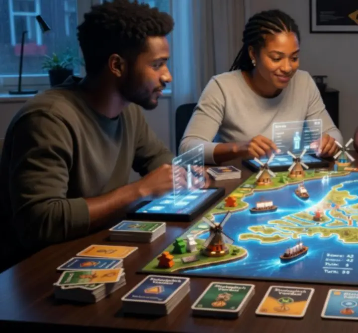 Sfeervolle impressie van het DAILYPLAYPOINT spel met futuristische interface en scores