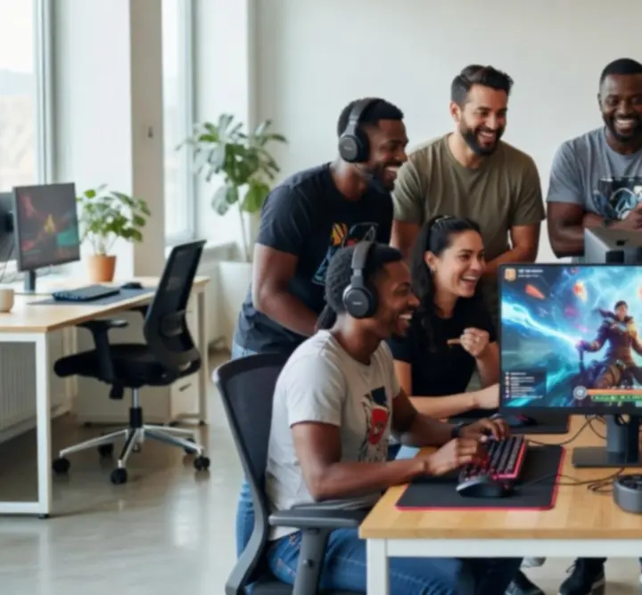Teamleden van DAILYPLAYPOINT die samenwerken aan game-inhoud